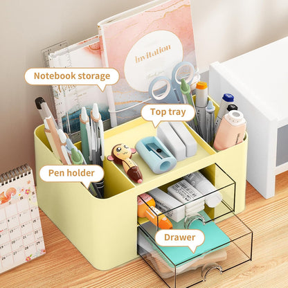Pen Organizer with 2 Drawer, Multi-Functional Pencil Holder for Desk, Desk Organizers and Accessories with 5 Compartments + Drawer for Office Art Supplies (Yellow)