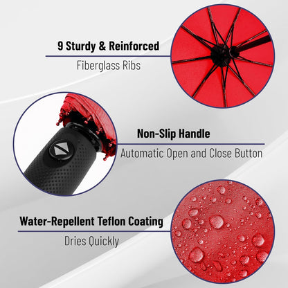 Windproof Travel Umbrella, Small Water-Resistant Automatic Folding Umbrella for Rain and Sun, Light, Compact and Portable for Women & Men, Fits Car & Backpack