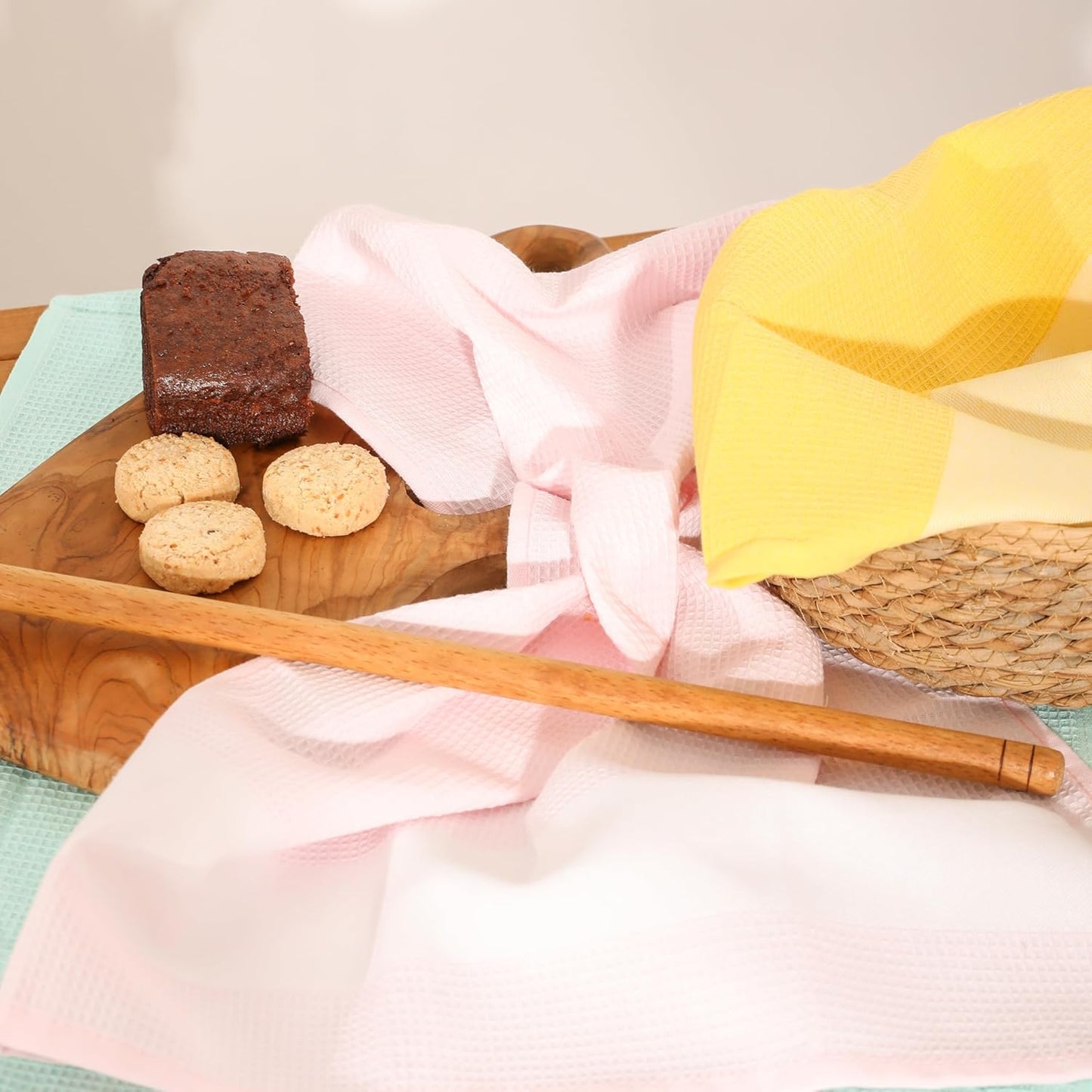 100% Cotton Waffle Weave Kitchen Dish Towels, Ultra Soft Absorbent Quick Drying Cleaning Towel, 18x28 Inches, 3-Pack, Pink-Yellow-Light Green