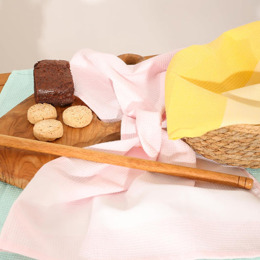 100% Cotton Waffle Weave Kitchen Dish Towels, Ultra Soft Absorbent Quick Drying Cleaning Towel, 18x28 Inches, 3-Pack, Pink-Yellow-Light Green