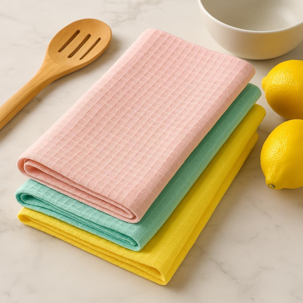 100% Cotton Waffle Weave Kitchen Dish Towels, Ultra Soft Absorbent Quick Drying Cleaning Towel, 18x28 Inches, 3-Pack, Pink-Yellow-Light Green