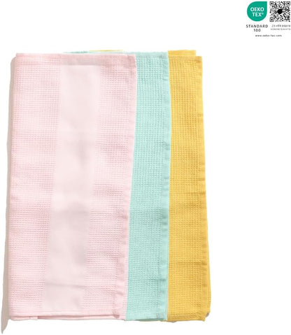100% Cotton Waffle Weave Kitchen Dish Towels, Ultra Soft Absorbent Quick Drying Cleaning Towel, 18x28 Inches, 3-Pack, Pink-Yellow-Light Green
