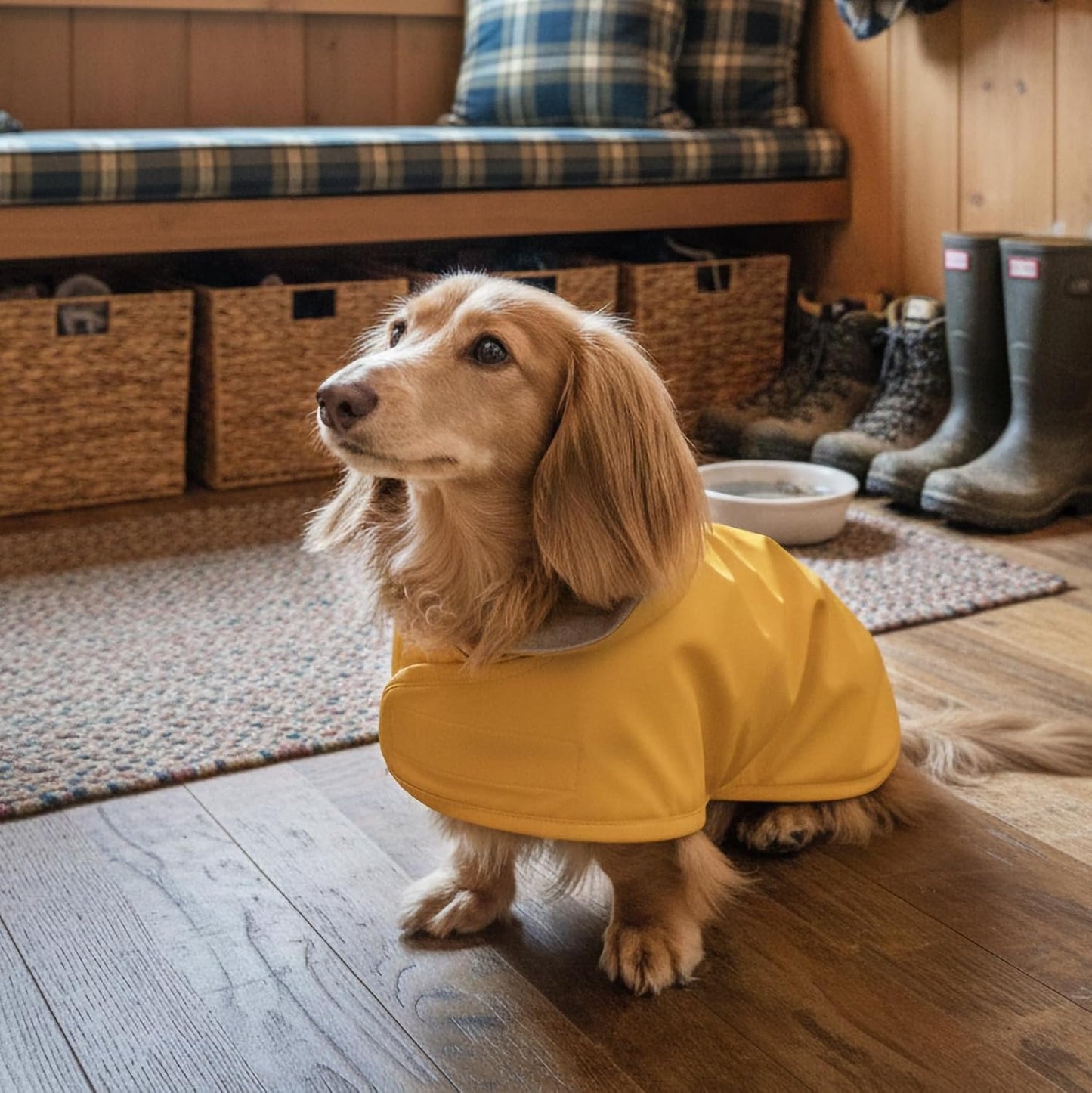 Dachshund Raincoat - Waterproof & Windproof Dog Jacket for Long Weiner Dogs, Adjustable Fit, Harness Hole - Yellow, X-Small