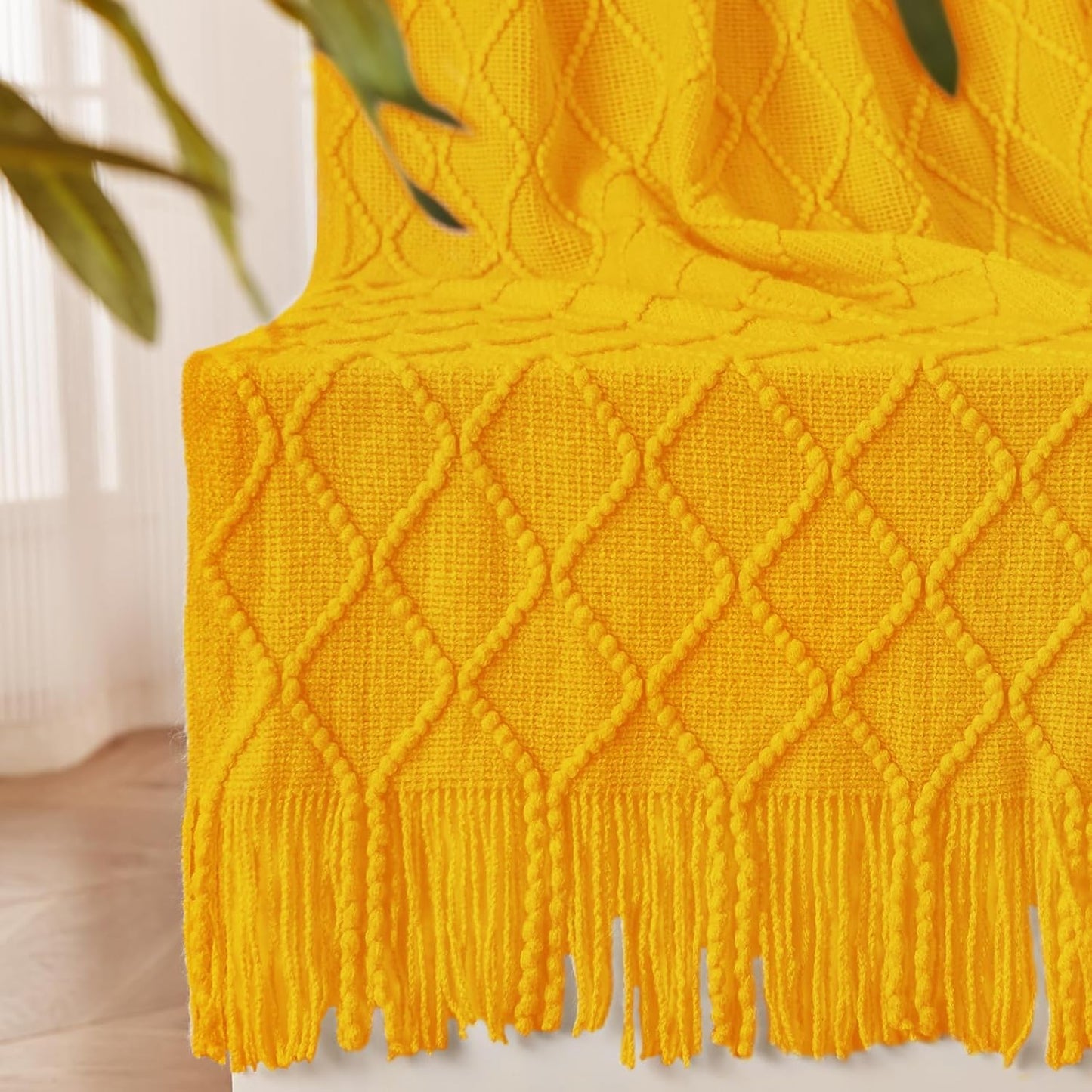 Knitted Fall Throw Blanket for Couch and Bed, Knit Fall Decor Halloween Blanket with Tassel, Golden Yellow Lightweight Decorative Farmhouse Warm Woven Blankets and Throws for Women, 50"x60"