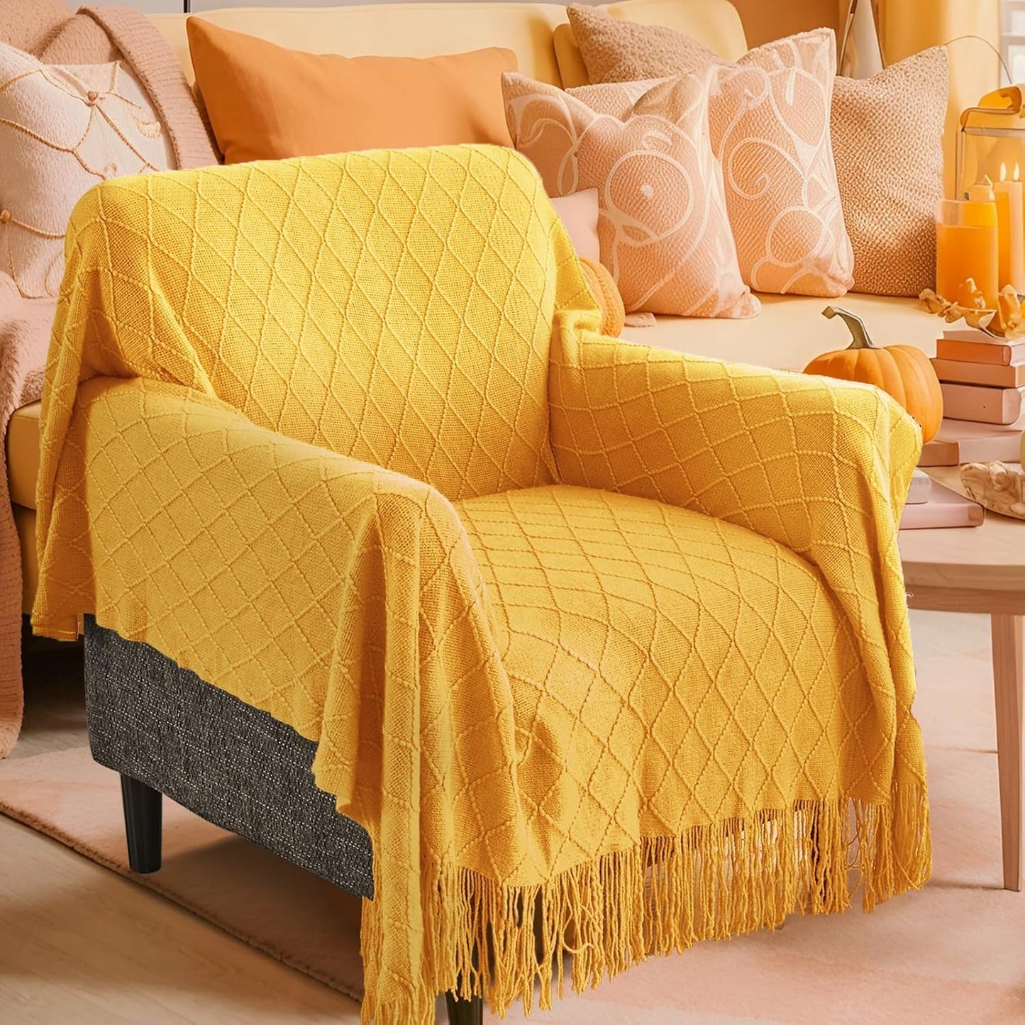 Knitted Fall Throw Blanket for Couch and Bed, Knit Fall Decor Halloween Blanket with Tassel, Golden Yellow Lightweight Decorative Farmhouse Warm Woven Blankets and Throws for Women, 50"x60"