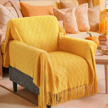 Knitted Fall Throw Blanket for Couch and Bed, Knit Fall Decor Halloween Blanket with Tassel, Golden Yellow Lightweight Decorative Farmhouse Warm Woven Blankets and Throws for Women, 50"x60"
