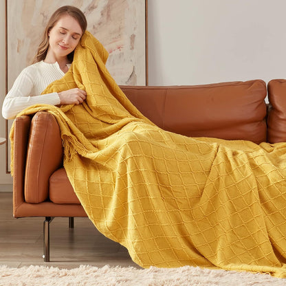 Knitted Fall Throw Blanket for Couch and Bed, Knit Fall Decor Halloween Blanket with Tassel, Golden Yellow Lightweight Decorative Farmhouse Warm Woven Blankets and Throws for Women, 50"x60"