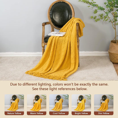 Knitted Fall Throw Blanket for Couch and Bed, Knit Fall Decor Halloween Blanket with Tassel, Golden Yellow Lightweight Decorative Farmhouse Warm Woven Blankets and Throws for Women, 50"x60"