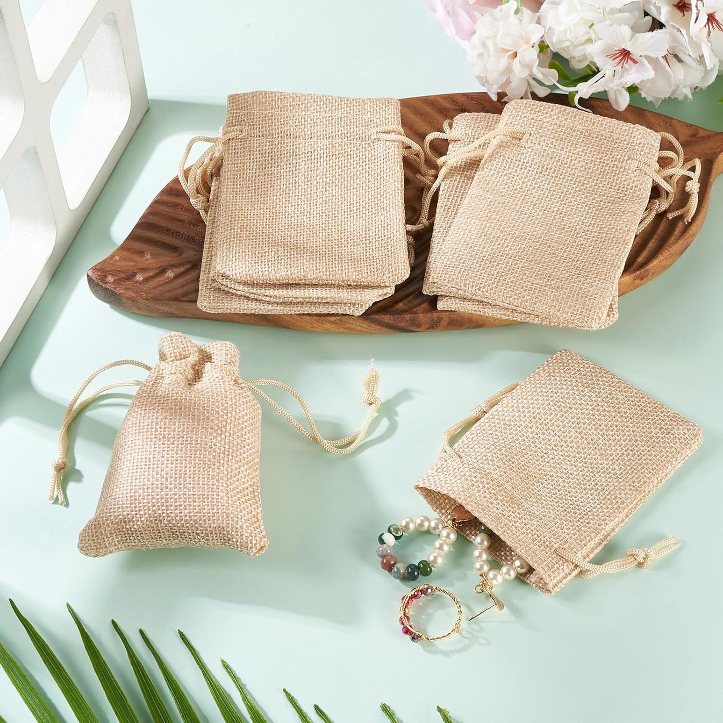 Boutigem 20Pcs Polyester Imitation Burlap Drawstring Bags, Lemon Chiffon Burlap Gift Bags with Drawstring, 90x70mm Rectangle Reusable Jewelry Pouches for DIY Craft Packing Festival Wedding Party