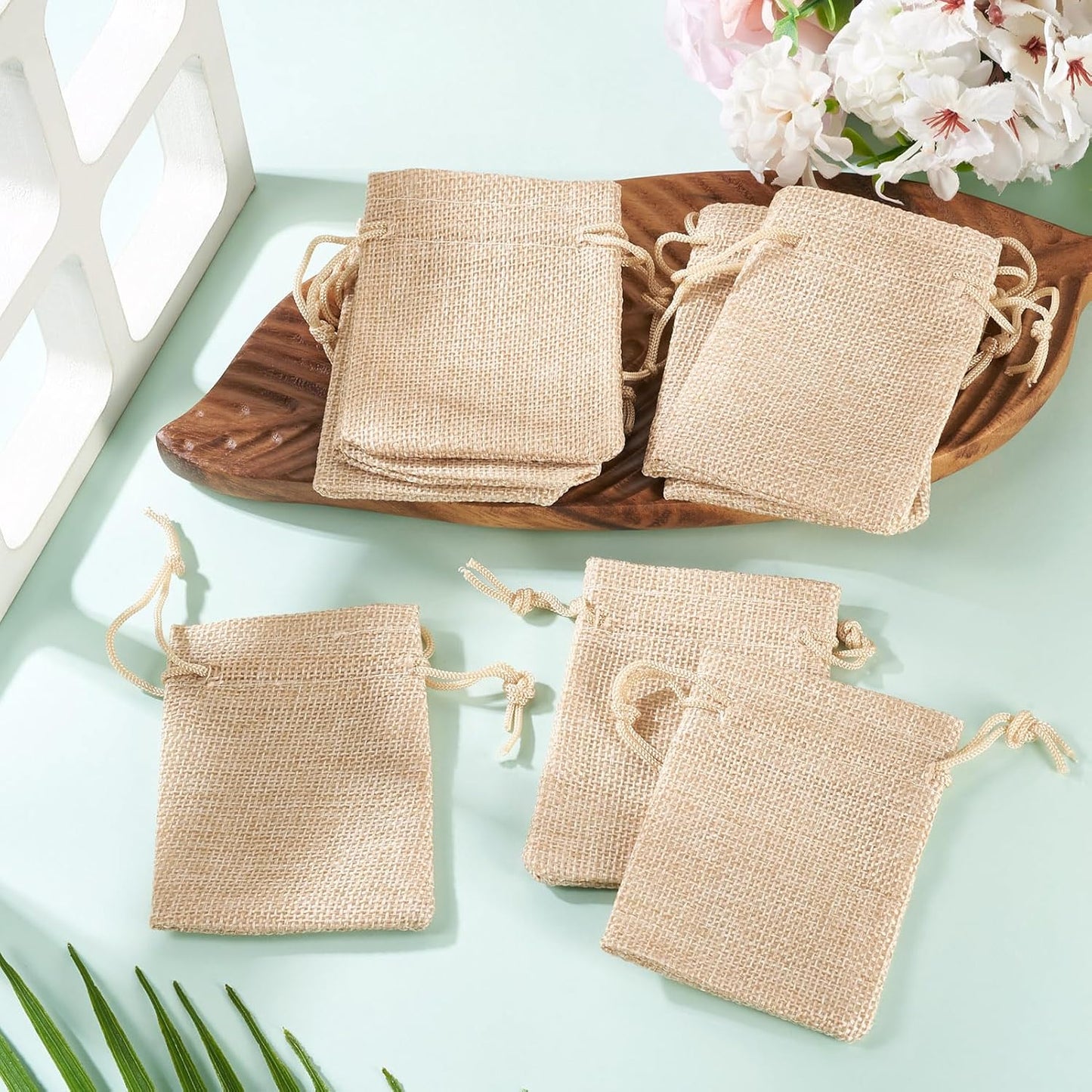 Boutigem 20Pcs Polyester Imitation Burlap Drawstring Bags, Lemon Chiffon Burlap Gift Bags with Drawstring, 90x70mm Rectangle Reusable Jewelry Pouches for DIY Craft Packing Festival Wedding Party