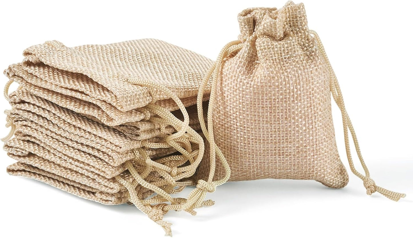 Boutigem 20Pcs Polyester Imitation Burlap Drawstring Bags, Lemon Chiffon Burlap Gift Bags with Drawstring, 90x70mm Rectangle Reusable Jewelry Pouches for DIY Craft Packing Festival Wedding Party