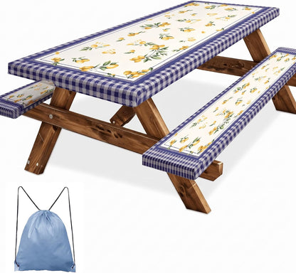 3 Piece Fitted Picnic Table and Bench Cover Set, Blue Checkered Lemon Camping Tablecloth for 6ft Folding Tables (72x30), Summer Outdoor RV Park Table Cover with Drawstring Bag