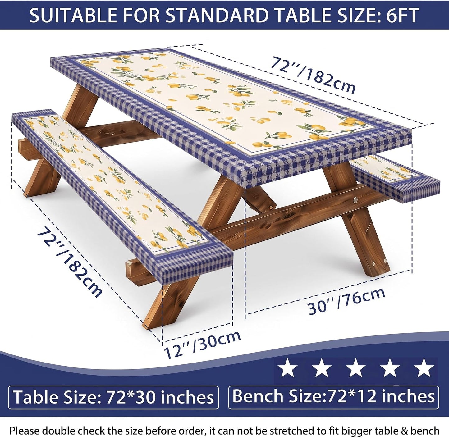 3 Piece Fitted Picnic Table and Bench Cover Set, Blue Checkered Lemon Camping Tablecloth for 6ft Folding Tables (72x30), Summer Outdoor RV Park Table Cover with Drawstring Bag