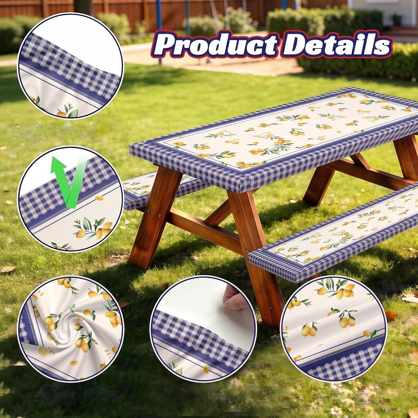 3 Piece Fitted Picnic Table and Bench Cover Set, Blue Checkered Lemon Camping Tablecloth for 6ft Folding Tables (72x30), Summer Outdoor RV Park Table Cover with Drawstring Bag