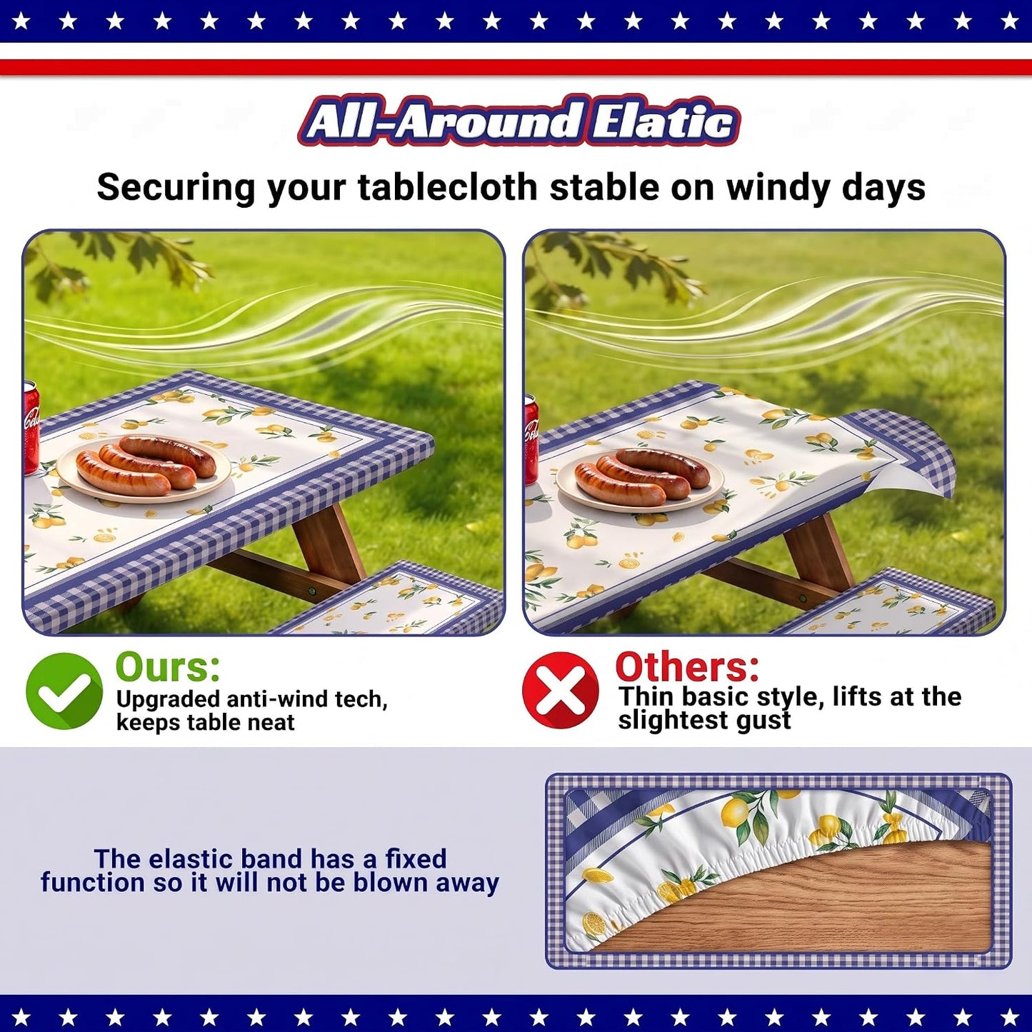 3 Piece Fitted Picnic Table and Bench Cover Set, Blue Checkered Lemon Camping Tablecloth for 6ft Folding Tables (72x30), Summer Outdoor RV Park Table Cover with Drawstring Bag