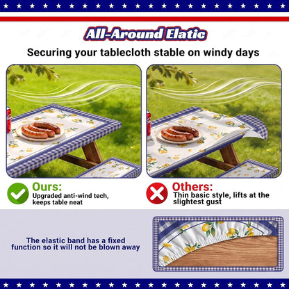 3 Piece Fitted Picnic Table and Bench Cover Set, Blue Checkered Lemon Camping Tablecloth for 6ft Folding Tables (72x30), Summer Outdoor RV Park Table Cover with Drawstring Bag