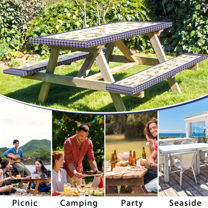 3 Piece Fitted Picnic Table and Bench Cover Set, Blue Checkered Lemon Camping Tablecloth for 6ft Folding Tables (72x30), Summer Outdoor RV Park Table Cover with Drawstring Bag