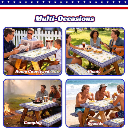 3 Piece Fitted Picnic Table and Bench Cover Set, Blue Checkered Lemon Camping Tablecloth for 6ft Folding Tables (72x30), Summer Outdoor RV Park Table Cover with Drawstring Bag