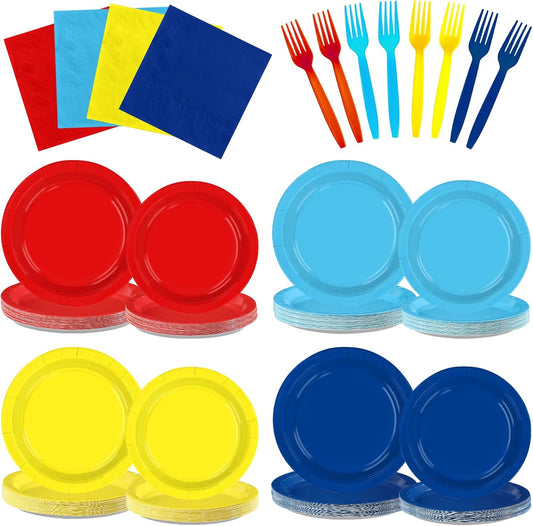 192Pcs Red Blue Yellow Light Blue Party Decorations, Serves 48 | Solid Color Plates and Napkins Carnival Themed Tableware Set for Boys Girls Graduation Baby Shower Birthday Party Supplies