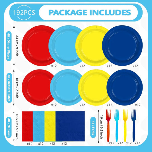 192Pcs Red Blue Yellow Light Blue Party Decorations, Serves 48 | Solid Color Plates and Napkins Carnival Themed Tableware Set for Boys Girls Graduation Baby Shower Birthday Party Supplies