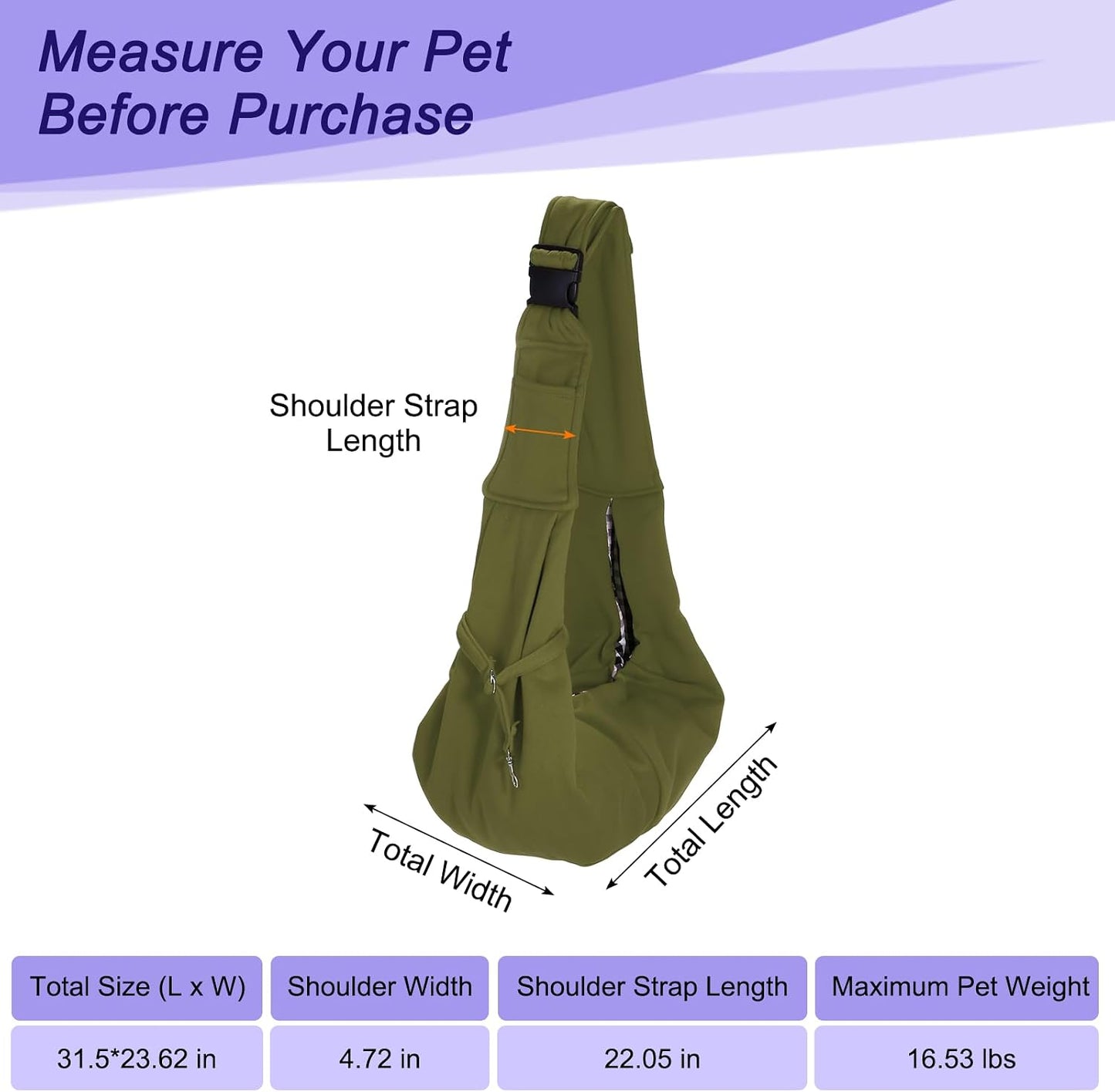 Dog and Cat Sling Carrier Up to 16.5 Lbs, Hand-Free Reversible Pet Sling Carrier with Adjustable Strap and Pocket, (Yellow, 1 Pcs) Intended for Hiking/Camping/Traveling