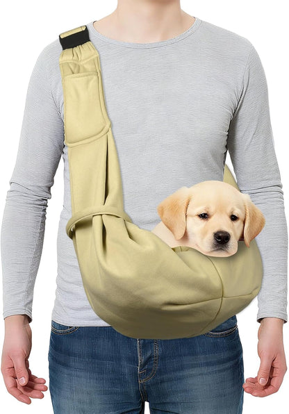 Dog and Cat Sling Carrier Up to 16.5 Lbs, Hand-Free Reversible Pet Sling Carrier with Adjustable Strap and Pocket, (Yellow, 1 Pcs) Intended for Hiking/Camping/Traveling
