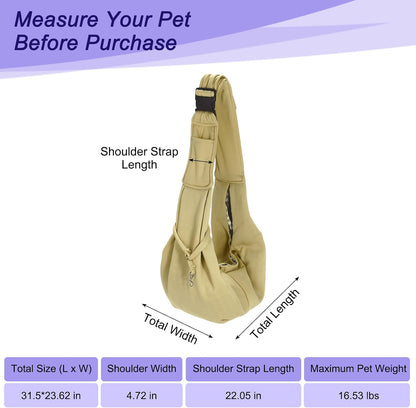 Dog and Cat Sling Carrier Up to 16.5 Lbs, Hand-Free Reversible Pet Sling Carrier with Adjustable Strap and Pocket, (Yellow, 1 Pcs) Intended for Hiking/Camping/Traveling