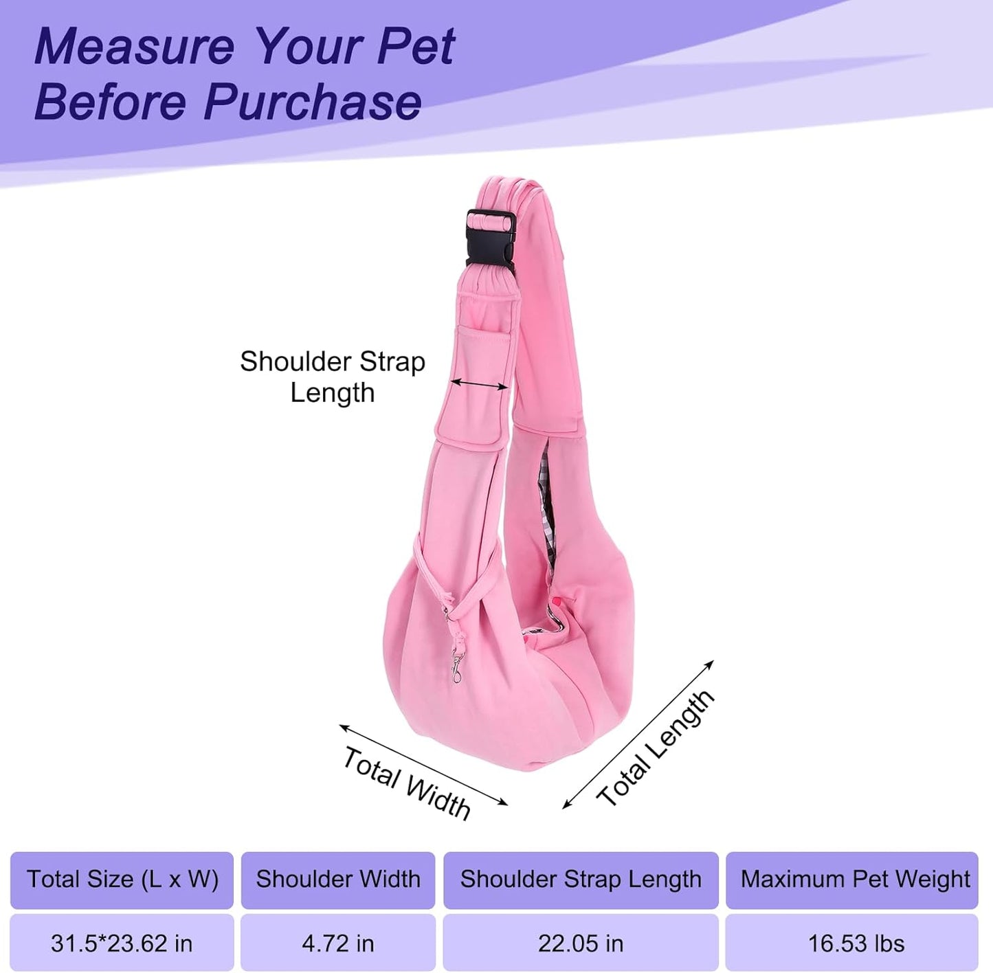 Dog and Cat Sling Carrier Up to 16.5 Lbs, Hand-Free Reversible Pet Sling Carrier with Adjustable Strap and Pocket, (Yellow, 1 Pcs) Intended for Hiking/Camping/Traveling
