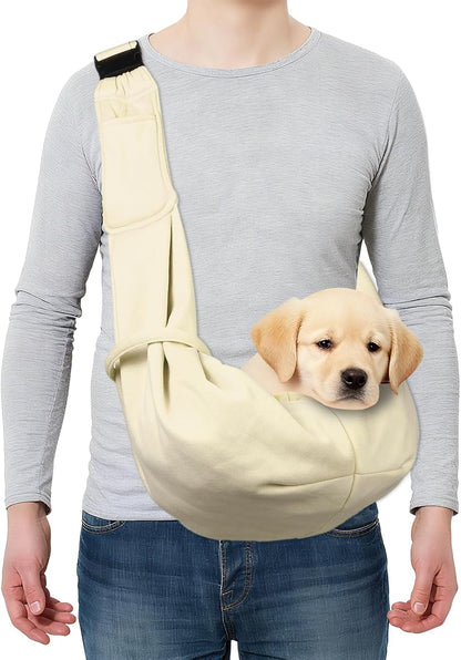 Dog and Cat Sling Carrier Up to 16.5 Lbs, Hand-Free Reversible Pet Sling Carrier with Adjustable Strap and Pocket, (Yellow, 1 Pcs) Intended for Hiking/Camping/Traveling