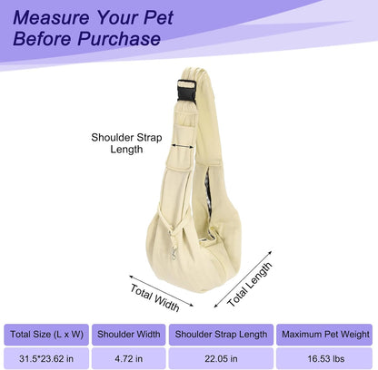 Dog and Cat Sling Carrier Up to 16.5 Lbs, Hand-Free Reversible Pet Sling Carrier with Adjustable Strap and Pocket, (Yellow, 1 Pcs) Intended for Hiking/Camping/Traveling