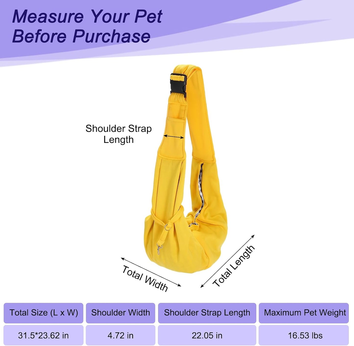 Dog and Cat Sling Carrier Up to 16.5 Lbs, Hand-Free Reversible Pet Sling Carrier with Adjustable Strap and Pocket, (Yellow, 1 Pcs) Intended for Hiking/Camping/Traveling