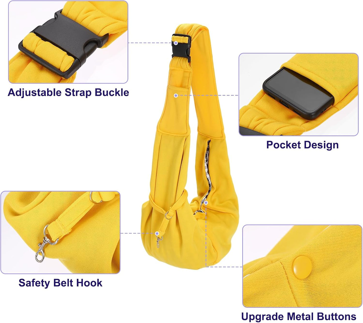 Dog and Cat Sling Carrier Up to 16.5 Lbs, Hand-Free Reversible Pet Sling Carrier with Adjustable Strap and Pocket, (Yellow, 1 Pcs) Intended for Hiking/Camping/Traveling