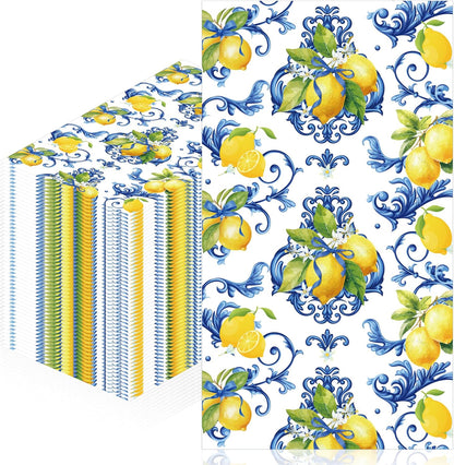 100 Pcs Cappri Lemon Party Decorations, Mediterranean Disposable Party Napkins, Sicilian Lemon Pattern Dinner Napkins Guest Towels for Summer Wedding, Bridal Shower