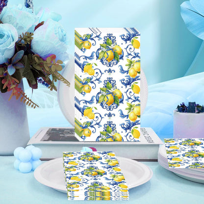 100 Pcs Cappri Lemon Party Decorations, Mediterranean Disposable Party Napkins, Sicilian Lemon Pattern Dinner Napkins Guest Towels for Summer Wedding, Bridal Shower