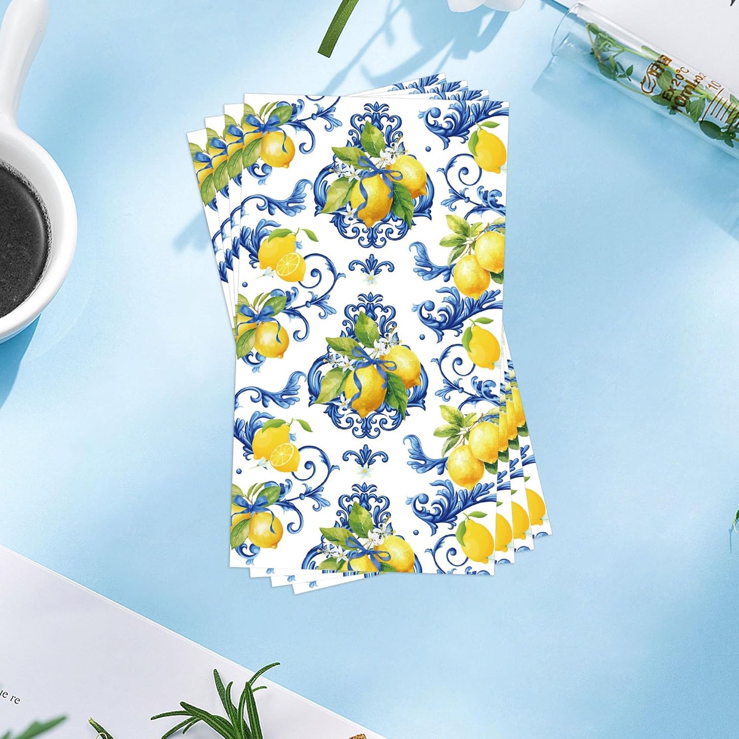 100 Pcs Cappri Lemon Party Decorations, Mediterranean Disposable Party Napkins, Sicilian Lemon Pattern Dinner Napkins Guest Towels for Summer Wedding, Bridal Shower