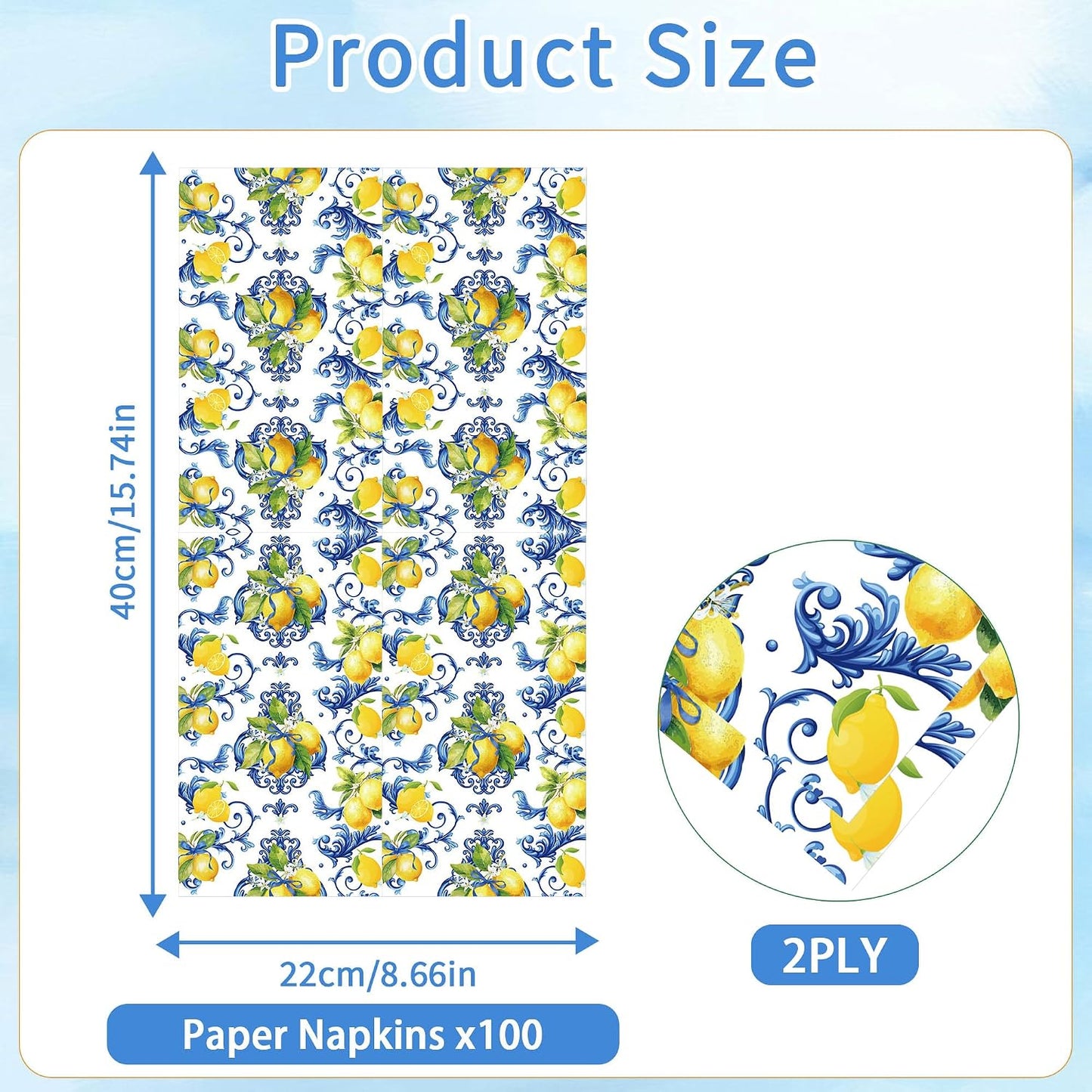 100 Pcs Cappri Lemon Party Decorations, Mediterranean Disposable Party Napkins, Sicilian Lemon Pattern Dinner Napkins Guest Towels for Summer Wedding, Bridal Shower