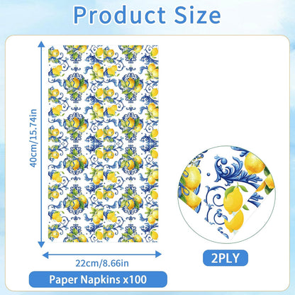 100 Pcs Cappri Lemon Party Decorations, Mediterranean Disposable Party Napkins, Sicilian Lemon Pattern Dinner Napkins Guest Towels for Summer Wedding, Bridal Shower