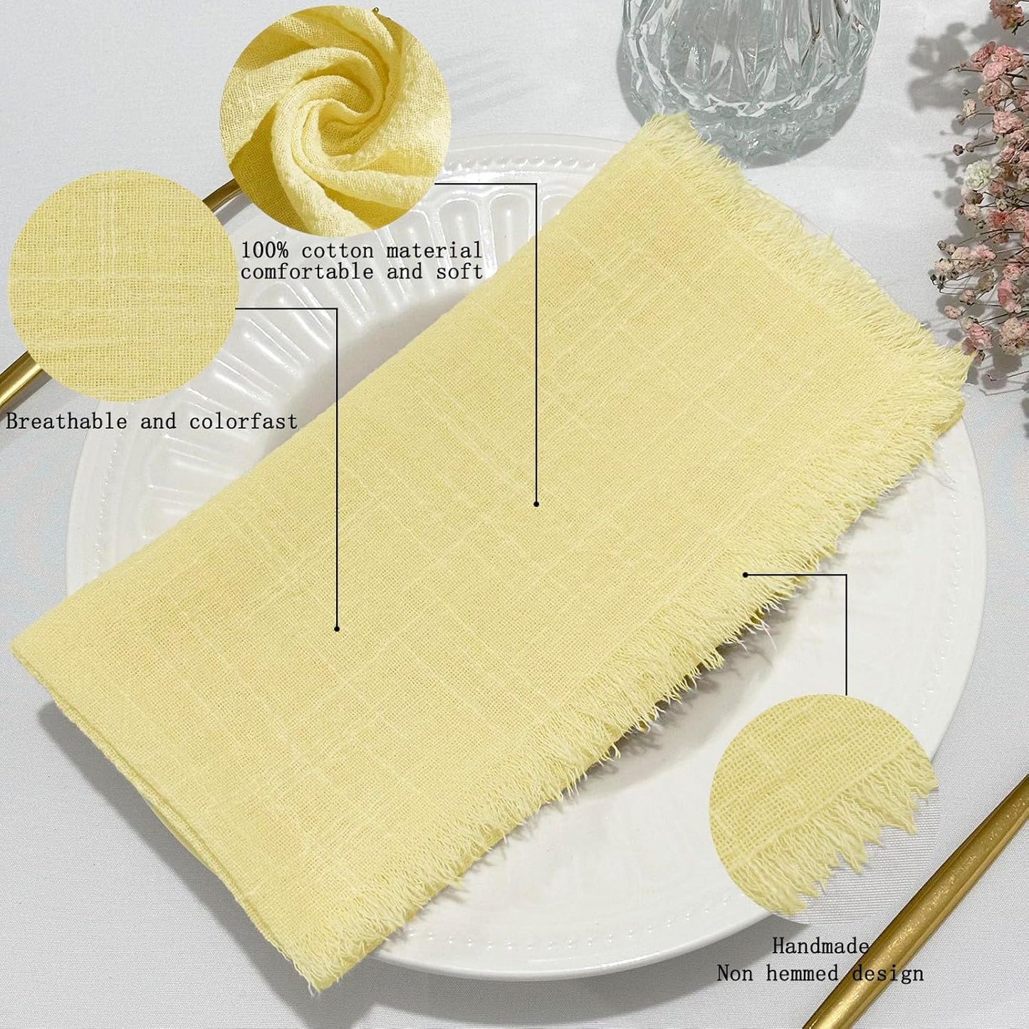 24Pack Yellow Cloth Napkins 17x17Inch Yellow Napkins Cloth with Fringe Soft Cotton Cloth Napkins Washable Rustic Dinner Napkins Cloth for Wedding Party Dinner Table