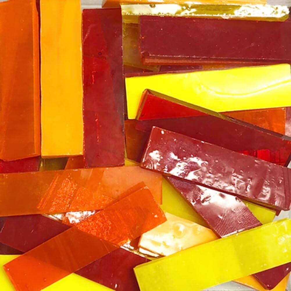 Rectangle Mosaic Tiles Stained Glass, 1x4CM Textured Glass Mosaic Making with Handmade for DIY Art Crafts, Home Decorations - About 74Pcs 200G(0.44LB),Red & Yellow