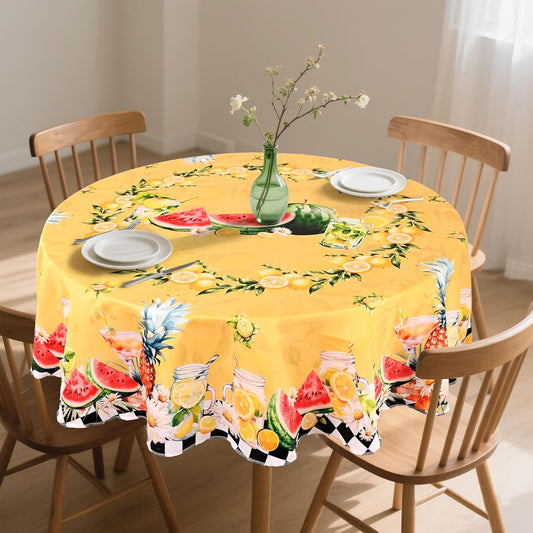 Lemon Watermelon Tablecloth Washable Round Table Cover for Kitchen Dining Decoration 60 Inch