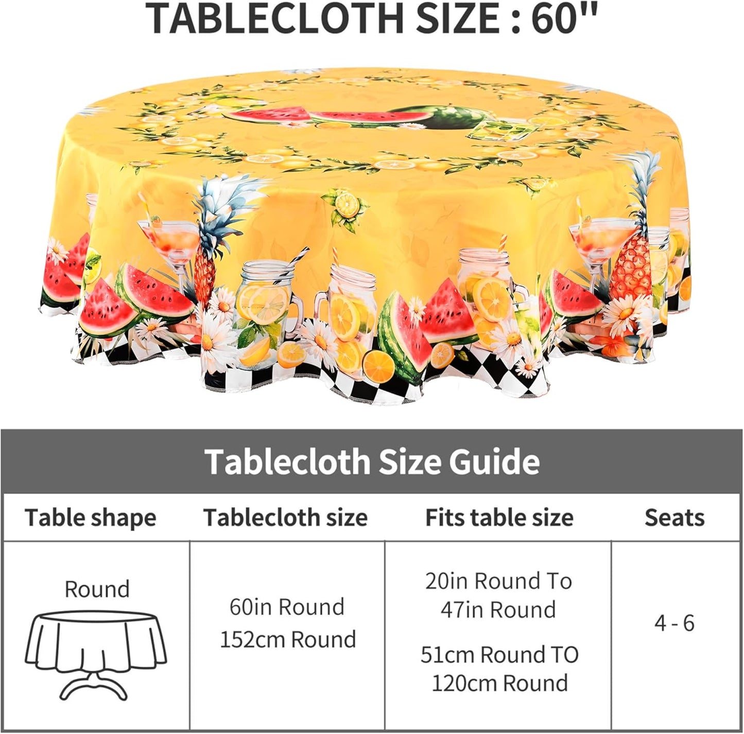 Lemon Watermelon Tablecloth Washable Round Table Cover for Kitchen Dining Decoration 60 Inch