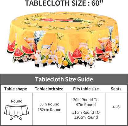 Lemon Watermelon Tablecloth Washable Round Table Cover for Kitchen Dining Decoration 60 Inch