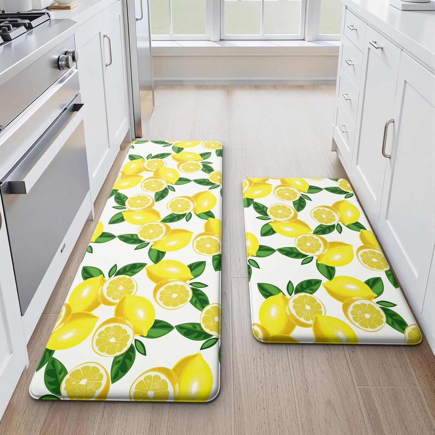 Lemon Kitchen Mat Set of 2 - Anti Fatigue Mats for Kitchen Floor - Non Slip Cushioned Rugs for Standing - Lemon Decor (17.3"×29"+17.3"×47"-0.4") White