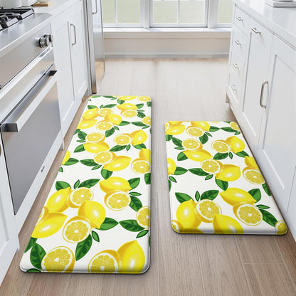 Lemon Kitchen Mat Set of 2 - Anti Fatigue Mats for Kitchen Floor - Non Slip Cushioned Rugs for Standing - Lemon Decor (17.3"×29"+17.3"×47"-0.4") White