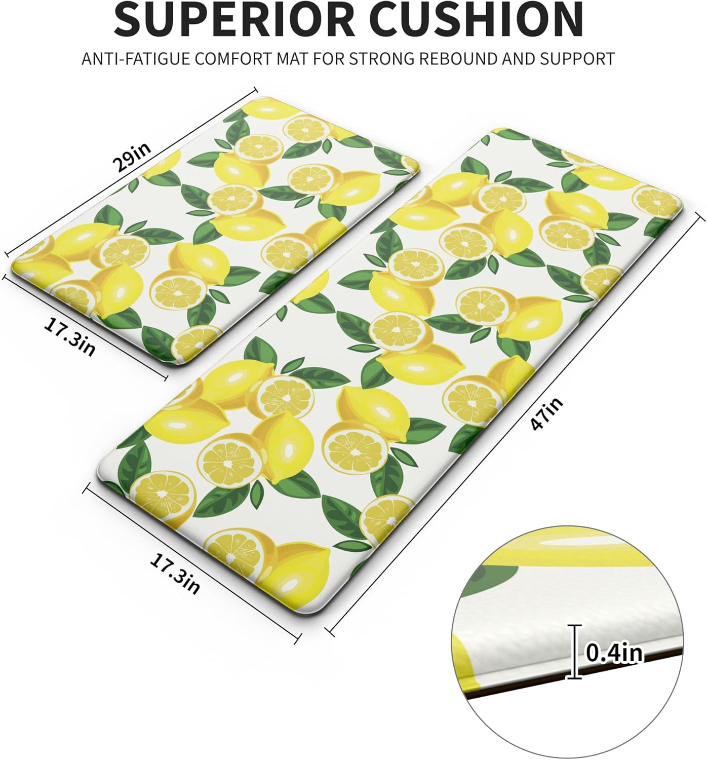 Lemon Kitchen Mat Set of 2 - Anti Fatigue Mats for Kitchen Floor - Non Slip Cushioned Rugs for Standing - Lemon Decor (17.3"×29"+17.3"×47"-0.4") White