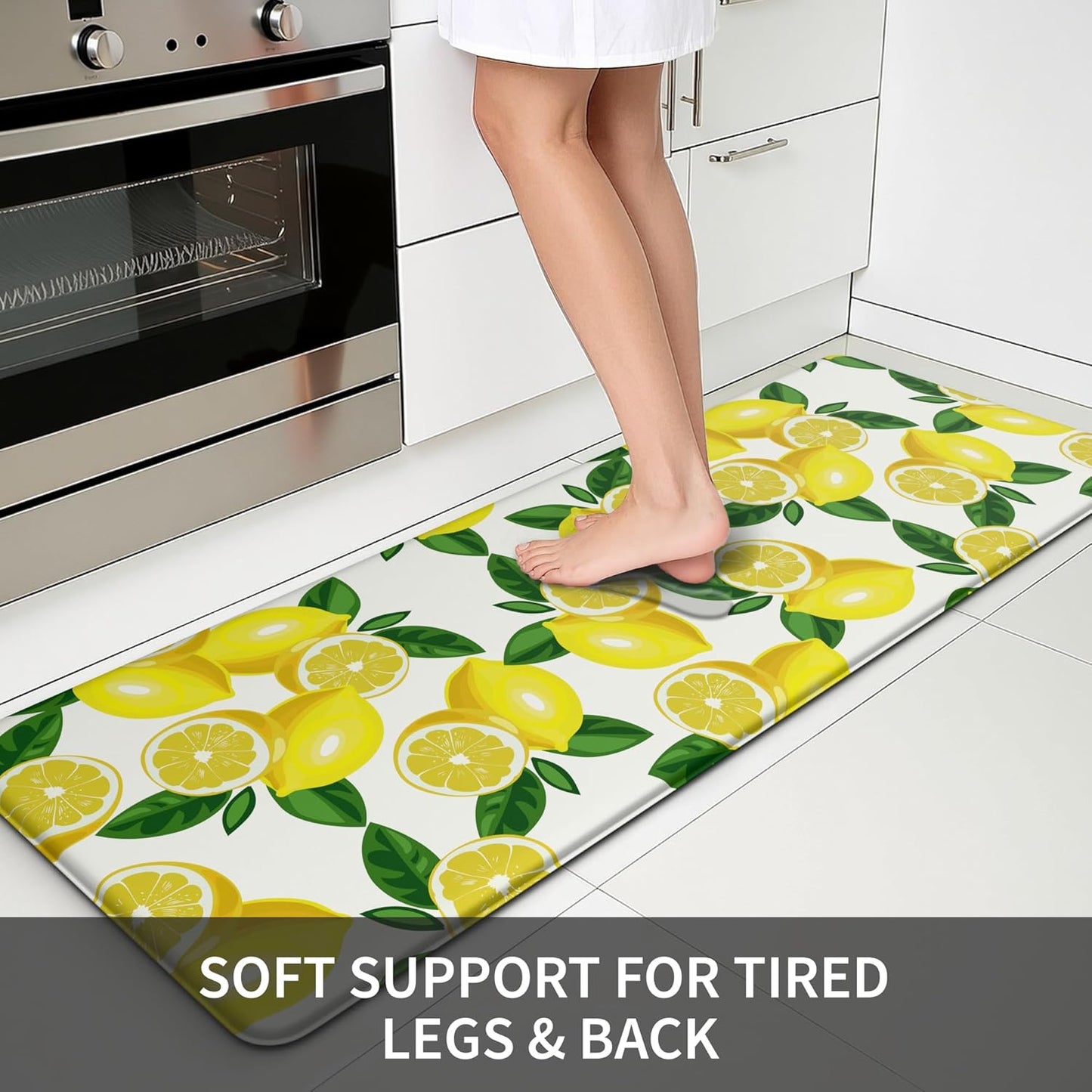 Lemon Kitchen Mat Set of 2 - Anti Fatigue Mats for Kitchen Floor - Non Slip Cushioned Rugs for Standing - Lemon Decor (17.3"×29"+17.3"×47"-0.4") White