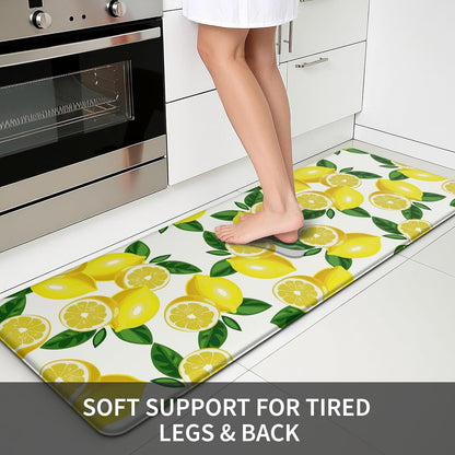 Lemon Kitchen Mat Set of 2 - Anti Fatigue Mats for Kitchen Floor - Non Slip Cushioned Rugs for Standing - Lemon Decor (17.3"×29"+17.3"×47"-0.4") White