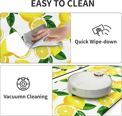 Lemon Kitchen Mat Set of 2 - Anti Fatigue Mats for Kitchen Floor - Non Slip Cushioned Rugs for Standing - Lemon Decor (17.3"×29"+17.3"×47"-0.4") White