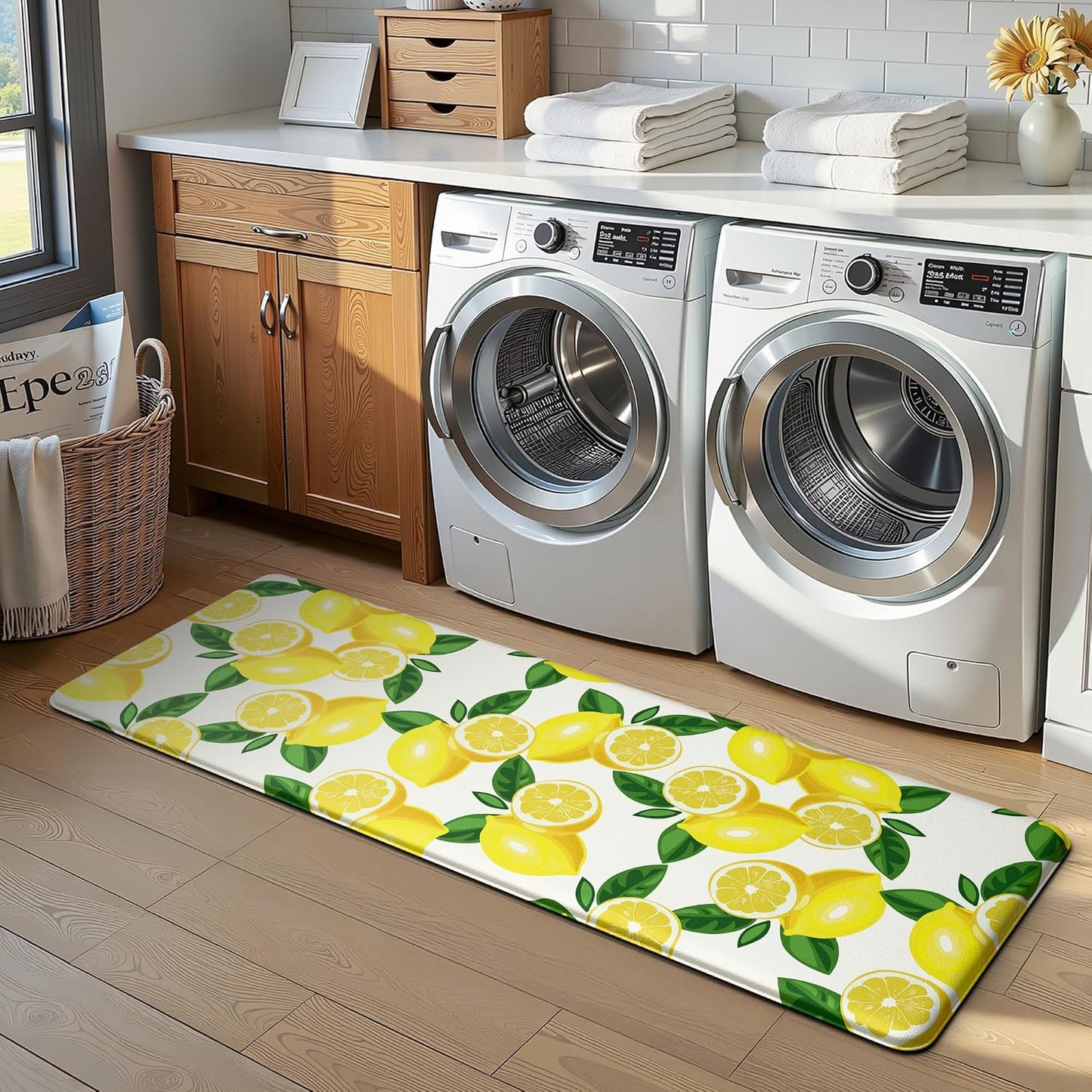 Lemon Kitchen Mat Set of 2 - Anti Fatigue Mats for Kitchen Floor - Non Slip Cushioned Rugs for Standing - Lemon Decor (17.3"×29"+17.3"×47"-0.4") White