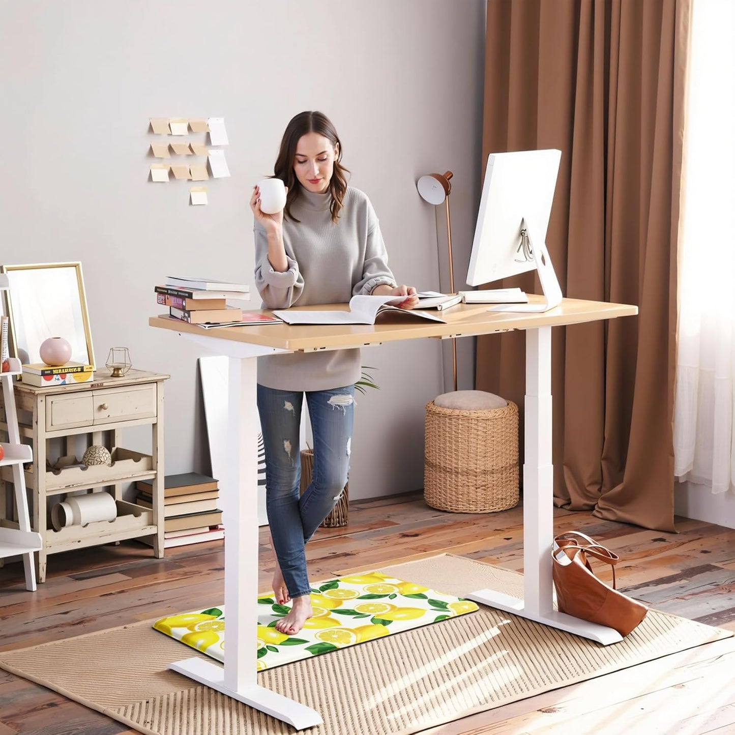 Lemon Kitchen Mat Set of 2 - Anti Fatigue Mats for Kitchen Floor - Non Slip Cushioned Rugs for Standing - Lemon Decor (17.3"×29"+17.3"×47"-0.4") White